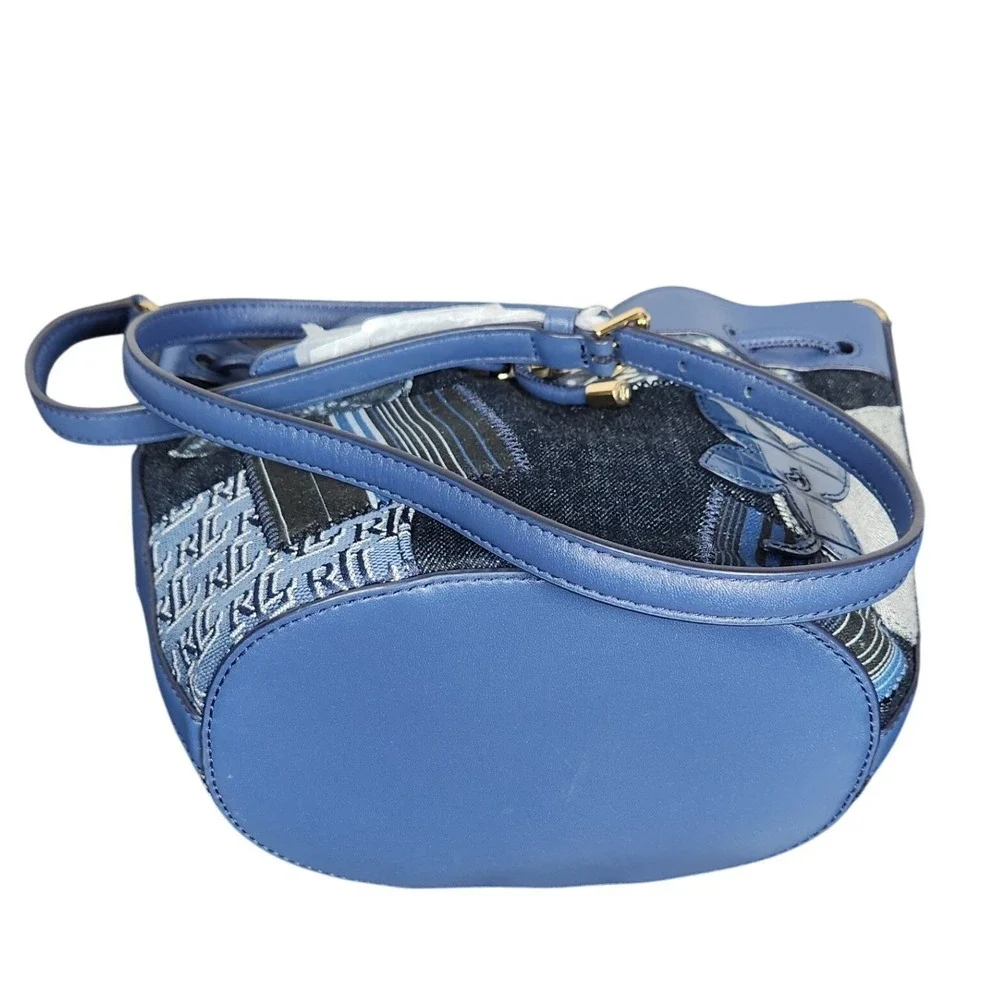 Lauren Ralph Lauren Denim Patchwork Andie Butterfly Bucket Bag Blue Gold NW $295